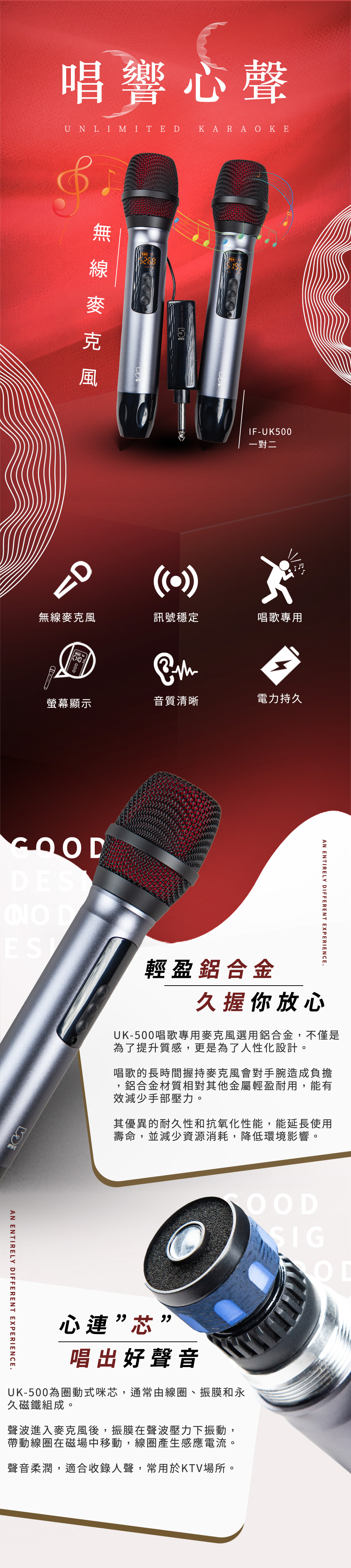 唱響心聲UNLIMITE KARAOKE無線麥克風DIF-UK500一對二無線麥克風訊號穩定唱歌專用D螢幕顯示音質清晰電力持久 DESIFIVE輕盈鋁合金AN ENTIRELY DIFFERENT EXPERIENCE久握你放心UK-500唱歌專用麥克風選用鋁合金不僅是為了提升質感,更是為了人性化設計。唱歌的長時間握持麥克風會對手腕造成負擔,鋁合金材質相對其他金屬輕盈耐用,能有效減少手部壓力。其優異的耐久性和抗氧化性能,能延長使用壽命,並減少資源消耗,降低環境影響。SIGAN ENTIRELY DIFFERENT EXPERIENCE.心連”芯”唱出好聲音UK-500為圈動式咪芯,通常由線圈、振膜和永久磁鐵組成。聲波進入麥克風後,振膜在聲波壓力下振動,帶動線圈在磁場中移動,線圈產生感應電流。聲音柔潤,適合收錄人聲,常用於KTV場所。