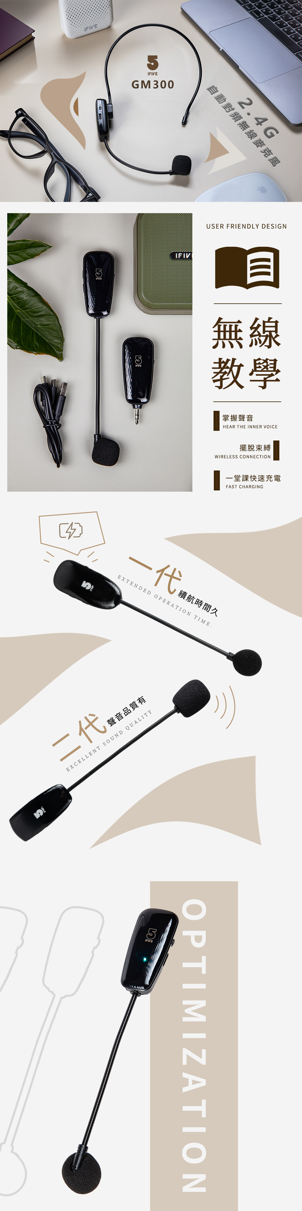 GM3002.G自動對頻無線麥克風USER FRIENDLY DESIGNIFIVEIFIV無線教學掌握聲音HEAR THE INNER VOICE擺脫束縛WIRELESS CONNECTION一堂課快速充電FAST CHARGING4一代續航時間久EXTENDED OPERATION TIME.二代聲音品質有EXCELLENT SOUND QUALITYIFIVEOPTIMIZATION